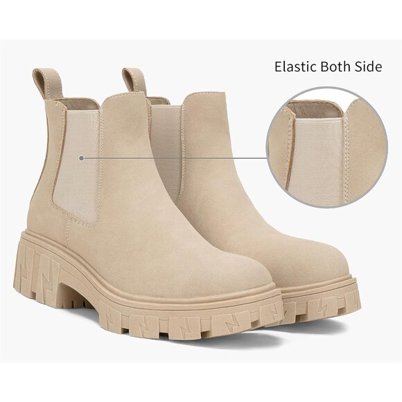 🆕Women Chelsea Lug Sole-9620-beige Synthetic leather Ankle Elastic Band Boot - Picture 8 of 13